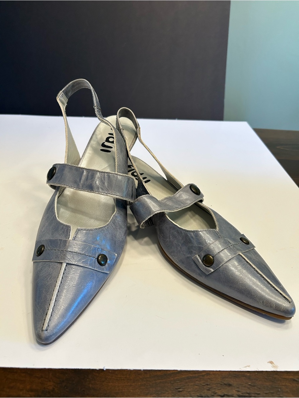 Women's Pointed Slingback Flats in Metallic Blue-Gray by Fidji of Portugal